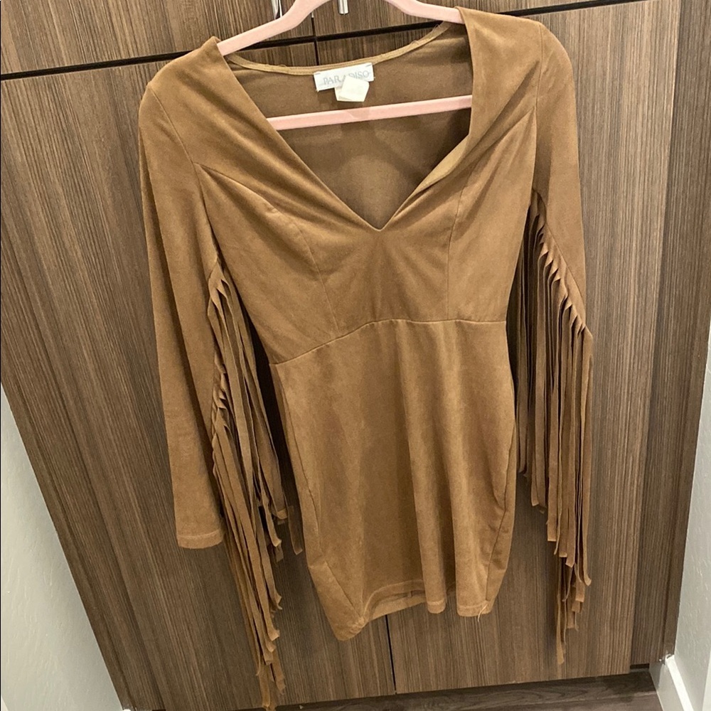 Brown V-neck Tunic Dress with 3/4 Sleeves and Asymmetrical Style